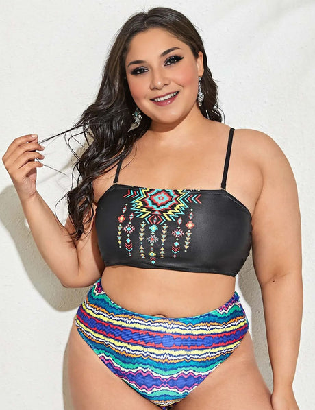 Women Plus Size Stripe Print Bikini - PRUSES