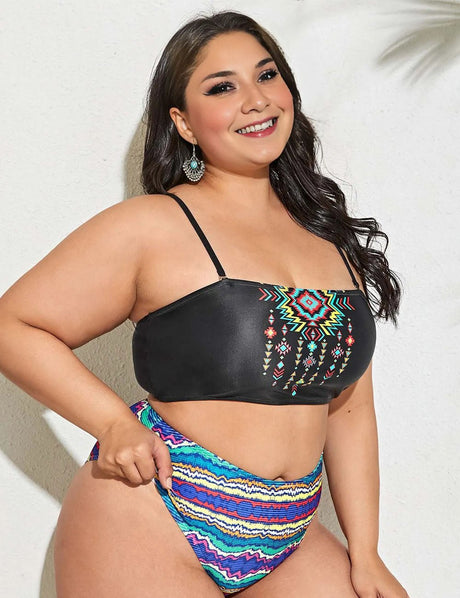 Women Plus Size Stripe Print Bikini - PRUSES