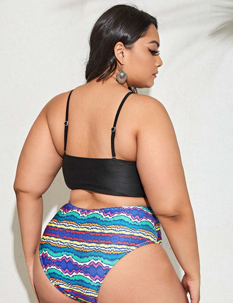 Women Plus Size Stripe Print Bikini - PRUSES