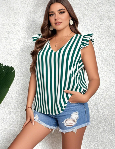 Women Plus Size Stripe Print Ruffled Short Sleeve Blouse | PRUSES - PRUSES