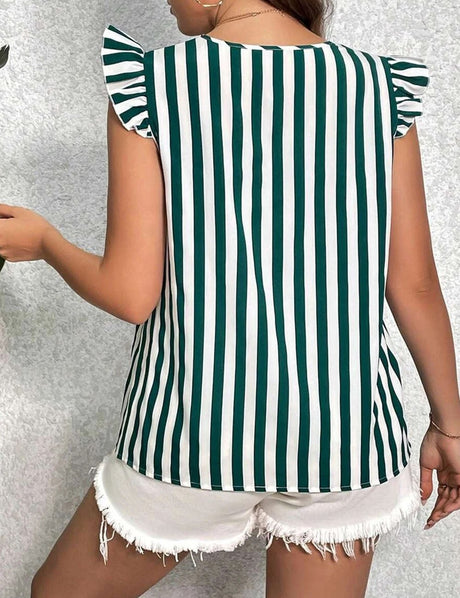 Women Plus Size Stripe Print Ruffled Short Sleeve Blouse | PRUSES - PRUSES