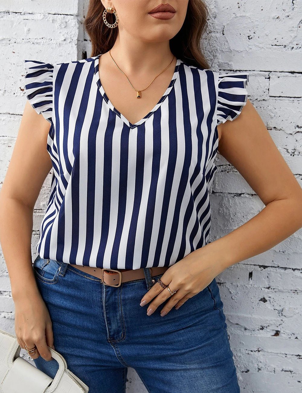 Women Plus Size Stripe Print Ruffled Short Sleeve Blouse | PRUSES - PRUSES