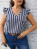 Women Plus Size Stripe Print Ruffled Short Sleeve Blouse | PRUSES - PRUSES