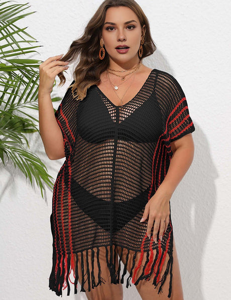 Women Plus Size Striped Contrast Stitching Beach Cover Up | PRUSES - PRUSES