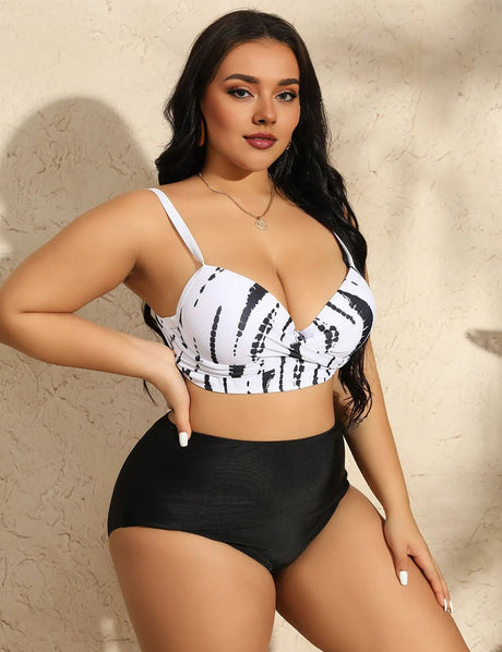 Women Plus Size Striped Gathered Bikini 3 Piece Set - PRUSES
