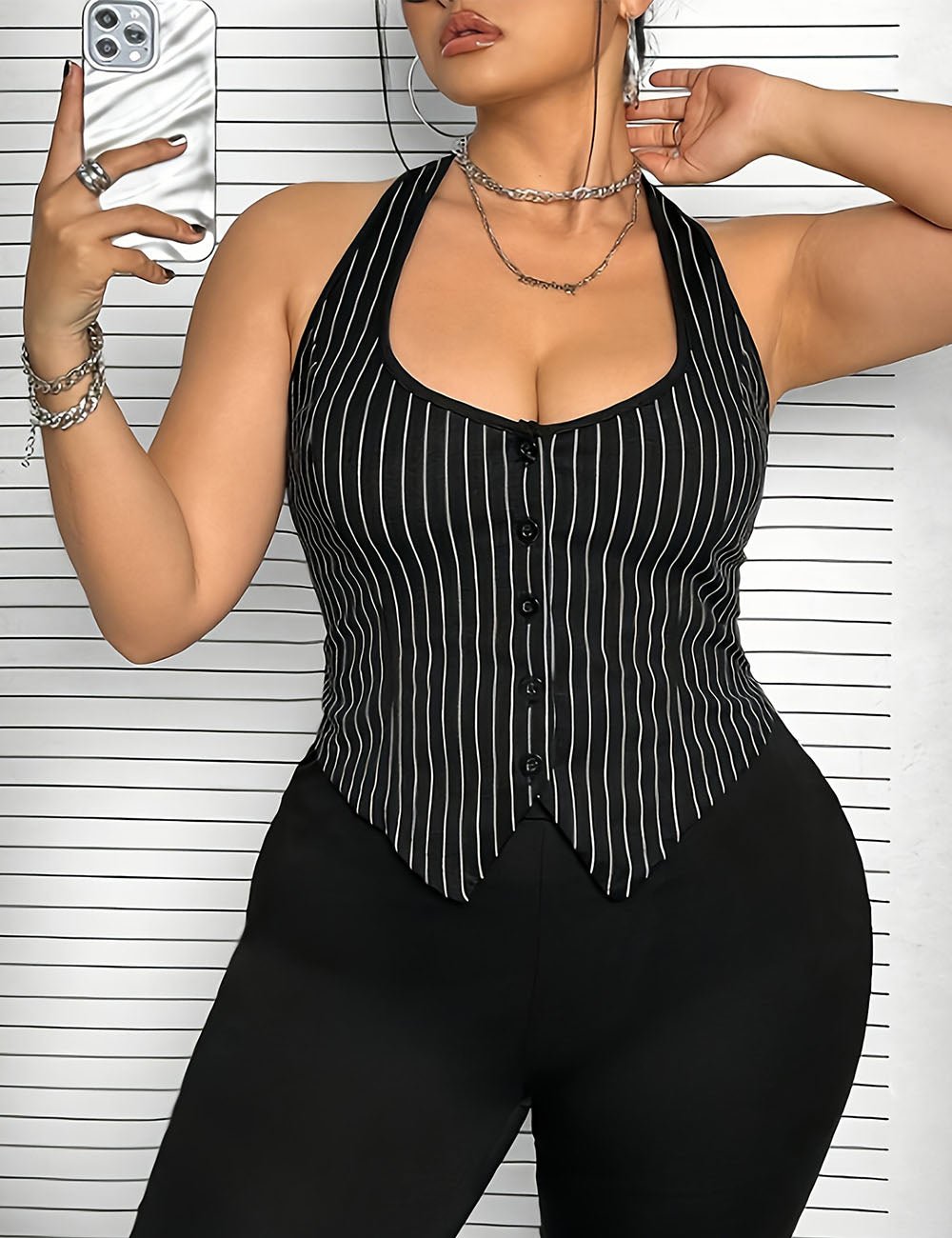 Women Plus Size Striped Hang Neck Tank Top | PRUSES - PRUSES
