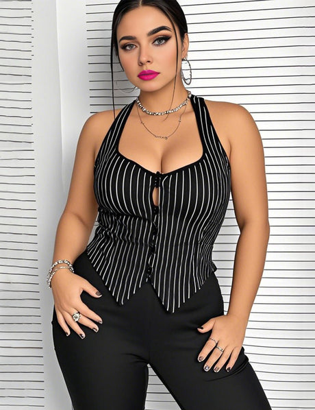 Women Plus Size Striped Hang Neck Tank Top | PRUSES - PRUSES