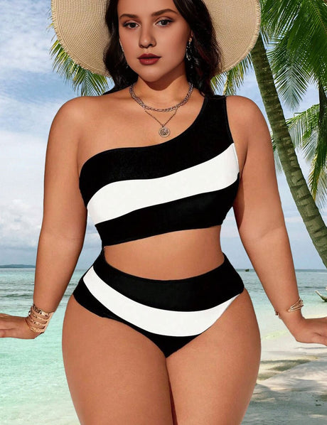 Women Plus Size Striped Patchwork Hollow Out One - Piece Swimsuit - PRUSES