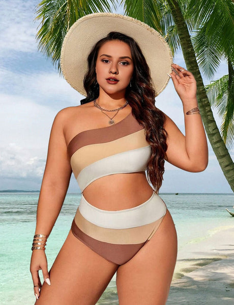 Women Plus Size Striped Patchwork Hollow Out One - Piece Swimsuit - PRUSES