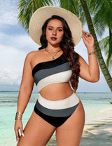 Women Plus Size Striped Patchwork Hollow Out One - Piece Swimsuit - PRUSES