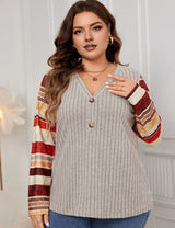 Women Plus Size Striped Patchwork Long - Sleeved Shirt |PRUSES - PRUSES