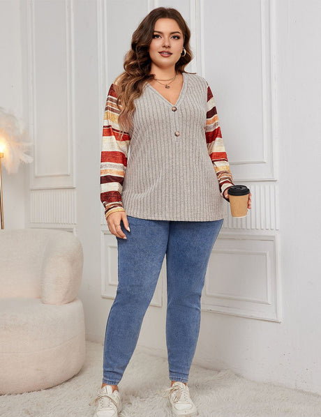 Women Plus Size Striped Patchwork Long - Sleeved Shirt |PRUSES - PRUSES