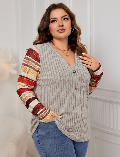 Women Plus Size Striped Patchwork Long - Sleeved Shirt |PRUSES - PRUSES