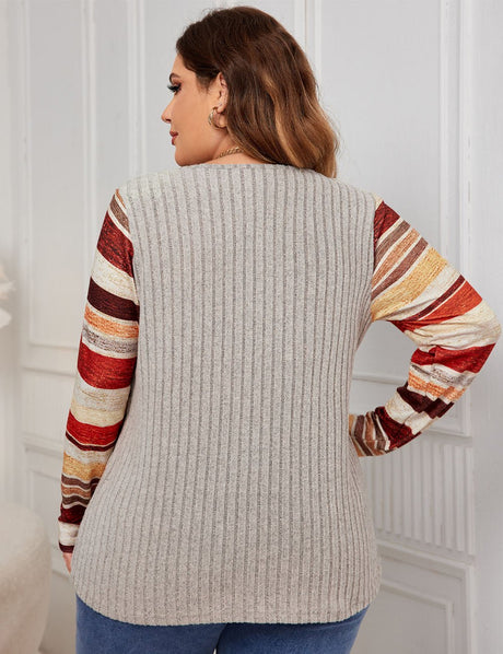 Women Plus Size Striped Patchwork Long - Sleeved Shirt |PRUSES - PRUSES