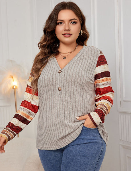 Women Plus Size Striped Patchwork Long - Sleeved Shirt |PRUSES - PRUSES