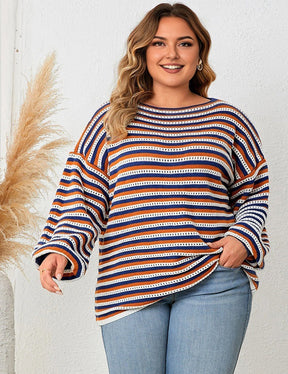 Women Plus Size Striped Round Neck Casual Knit Sweater - PRUSES