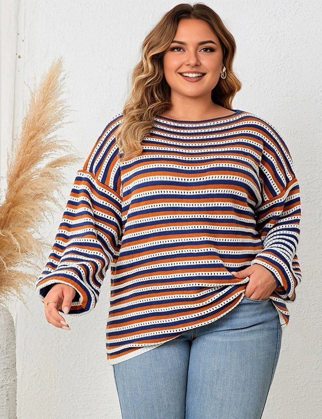 Women Plus Size Striped Round Neck Casual Knit Sweater - PRUSES