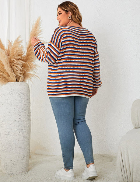 Women Plus Size Striped Round Neck Casual Knit Sweater - PRUSES