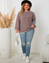 Women Plus Size Striped Round Neck Casual Knit Sweater - PRUSES