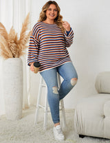 Women Plus Size Striped Round Neck Casual Knit Sweater - PRUSES