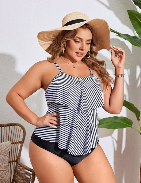 Women Plus Size Striped Ruffled Tankini | PRUSES - PRUSES