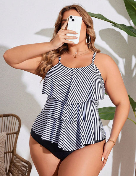 Women Plus Size Striped Ruffled Tankini | PRUSES - PRUSES