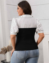 Black Plus Size Striped Collar Colorblock Blouse