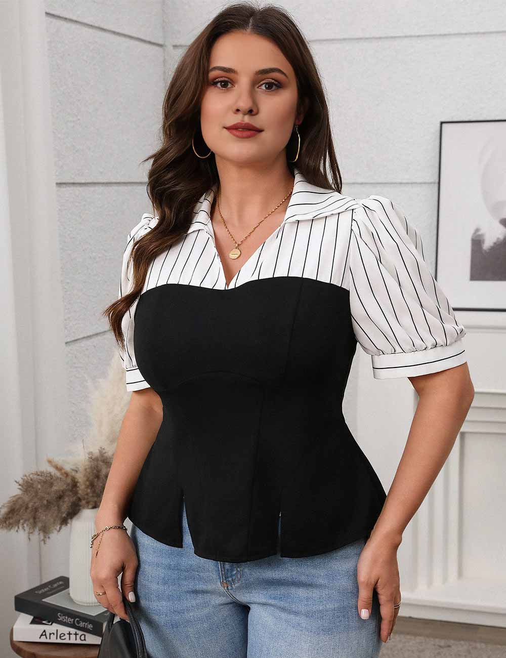 Black Plus Size Contrast Striped Puff Sleeve Blouse