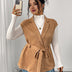 Women Plus Size Suede Brown Belted Lapel Vest Coat - PRUSES