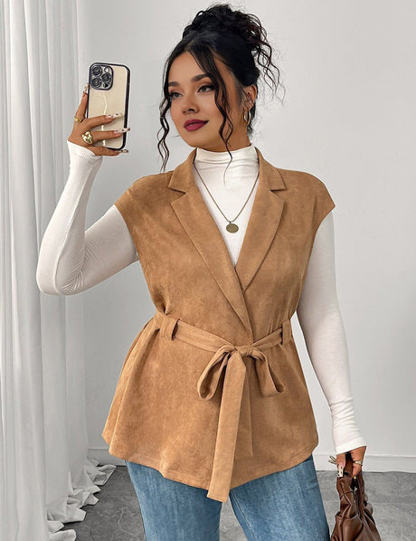 Women Plus Size Suede Brown Belted Lapel Vest Coat - PRUSES