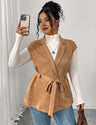Women Plus Size Suede Brown Belted Lapel Vest Coat - PRUSES
