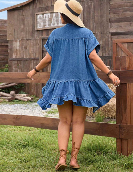 Plus Size Summer V-Neck Denim Ruffle Hem Dress Back View