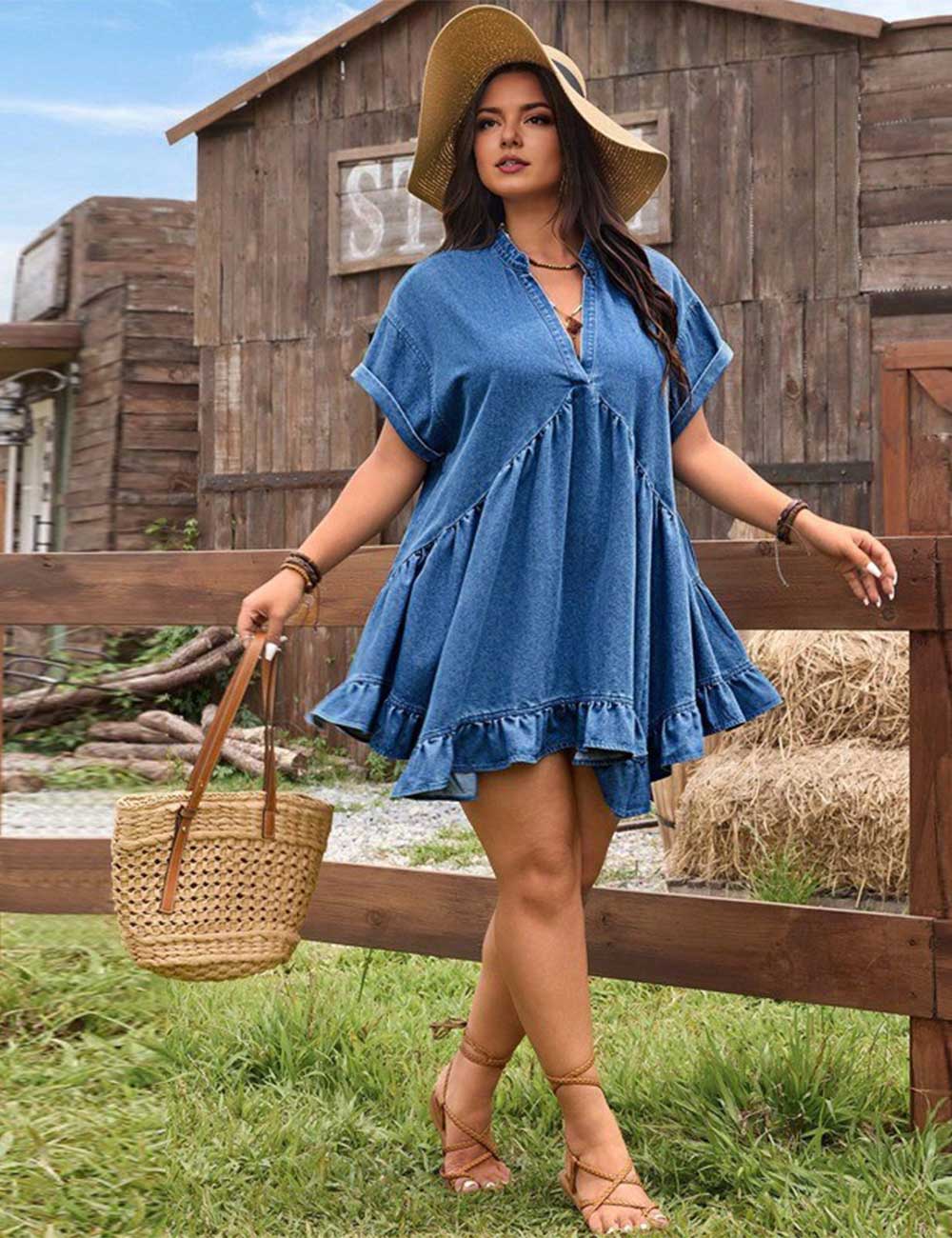 Blue Plus Size Summer V-Neck Denim Ruffle Hem Dress