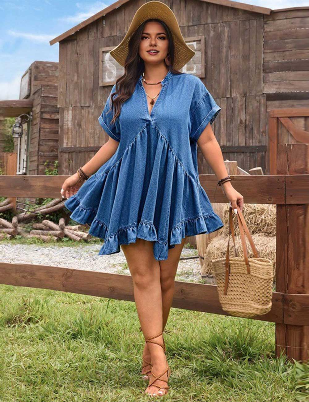 Plus Size V-Neck Denim Ruffle Hem Dress