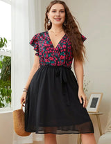 Women Plus Size Surplice Neck Flutter Sleeve Dress