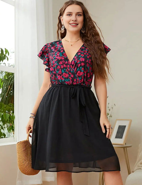 Women Plus Size Surplice Neck Flutter Sleeve Dress