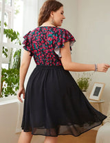 Women Plus Size Surplice Neck Flutter Sleeve Dress