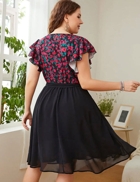 Women Plus Size Surplice Neck Flutter Sleeve Dress