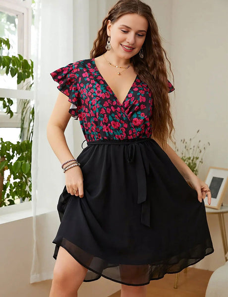 Women Plus Size Surplice Neck Flutter Sleeve Dress