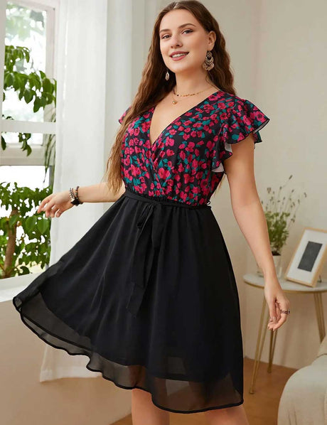 Black Plus Size Surplice Neck Flutter Sleeve Dress