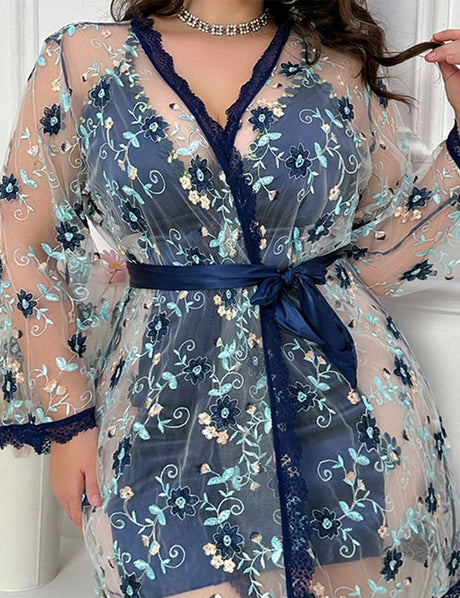 Women Plus Size Suspender Nightdress Lace Embroidery Jacket Two - piece Set - PRUSES