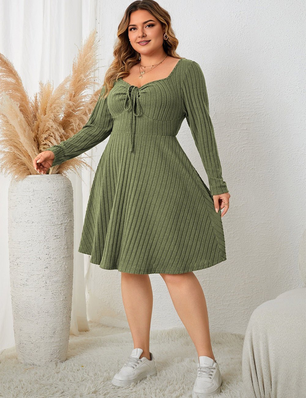 Women Plus Size Sweater Skater Long Sleeve Dress - PRUSES
