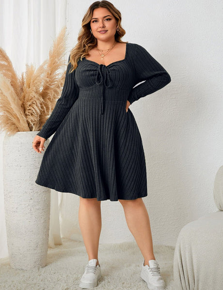 Women Plus Size Sweater Skater Long Sleeve Dress - PRUSES