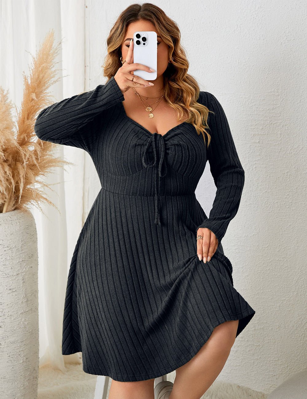 Women Plus Size Sweater Skater Long Sleeve Dress - PRUSES