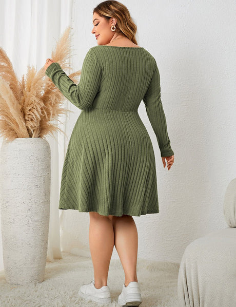 Women Plus Size Sweater Skater Long Sleeve Dress - PRUSES