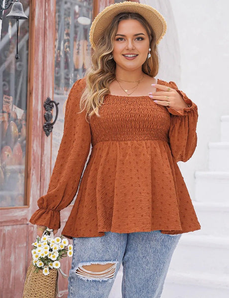 Women Plus Size Swiss Dot Long Sleeve Peplum Top - PRUSES