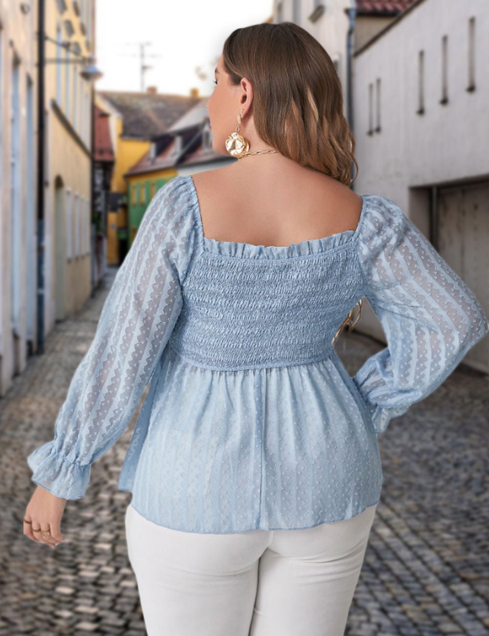 Women Plus Size Swiss Dot Shirred Peplum Blouse | PRUSES - PRUSES