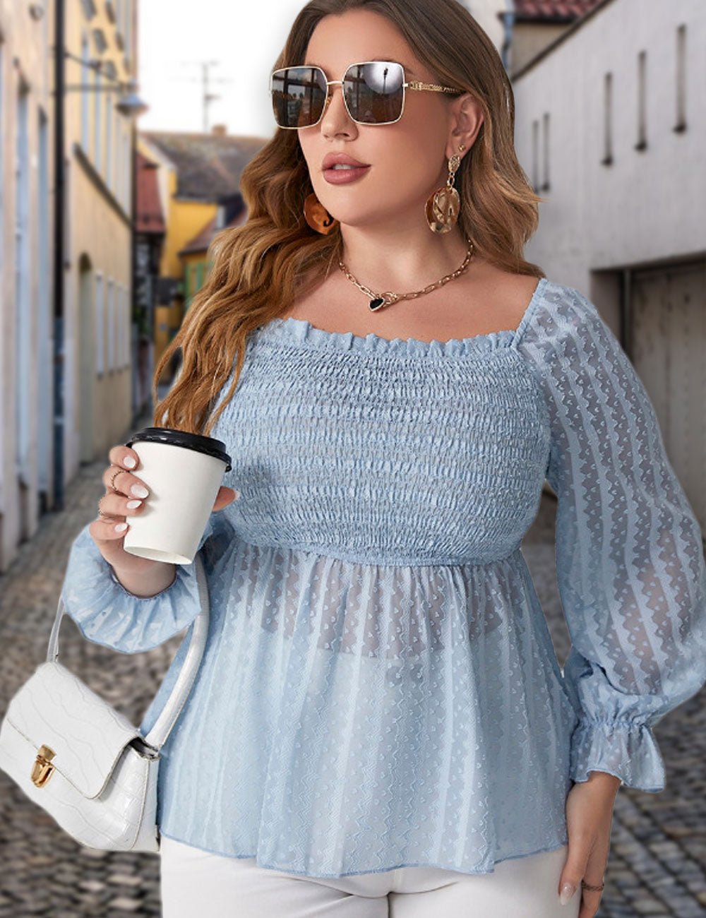 Women Plus Size Swiss Dot Shirred Peplum Blouse | PRUSES - PRUSES