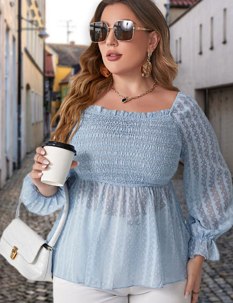 Women Plus Size Swiss Dot Shirred Peplum Blouse | PRUSES - PRUSES