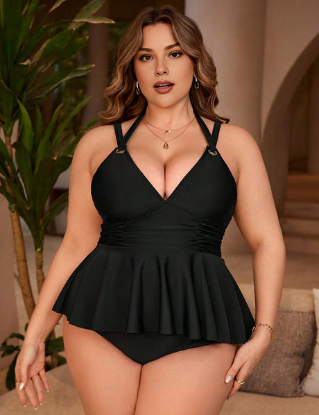 Women Plus Size Tankini Two - Piece Black Briefs Swimsuit - PRUSES